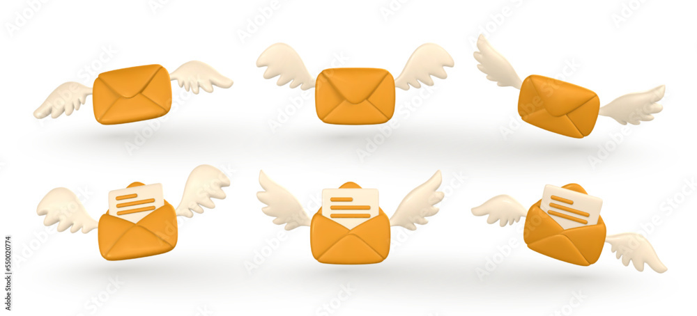 3d realistic flying mail envelope with wings in cartoon minimal style. Vector illustration