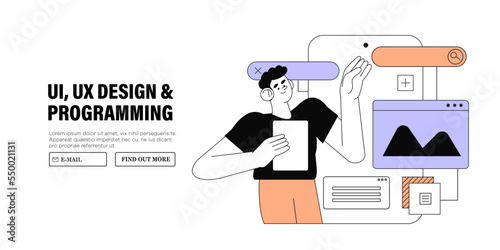 Design and programming banner, web landing page, advertisement. Designer working on ui ux design or mobile application. Studio or agency prototyping or coding web page or mobile app. Cms development.