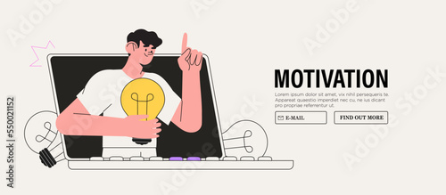 Inspiration idea to inspire or motivate people to success, business innovation or creativity, solution or invention concept. Vector illustration man hold light bulb banner for business or education.