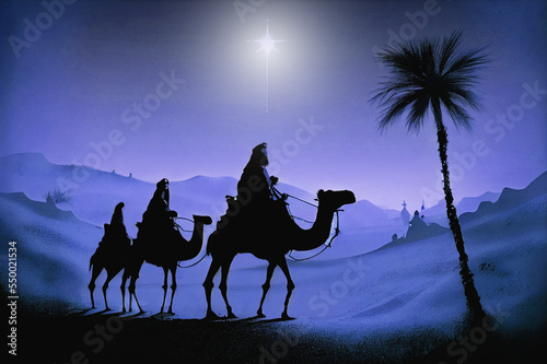 Biblical illustration series, nativity scene of The Holy Family and three wise men. Christmas theme.nativity, Jesus three wise men riding camel.