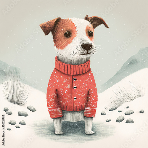 Valokuvatapetti Jack Russell dog wrapped up warm in a red festive jumper on a snowy winter hillside