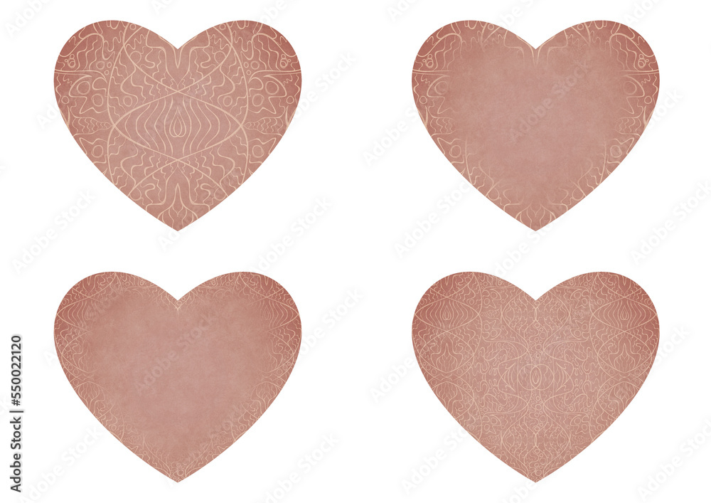 Set of 4 heart shaped valentine's cards. 2 with pattern, 2 with copy space. Pale pink background and light beige pattern on it. Cloth texture. Hearts size about 8x7 inch / 21x18 cm (p02-2ab)