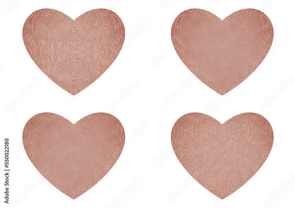 Set of 4 heart shaped valentine's cards. 2 with pattern, 2 with copy space. Pale pink background and light beige pattern on it. Cloth texture. Hearts size about 8x7 inch / 21x18 cm (p03ab)