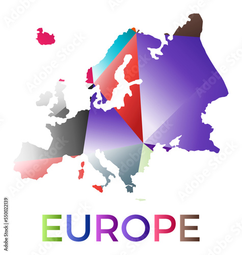 Bright colored Europe shape. Multicolor geometric style continent logo. Modern trendy design. Artistic vector illustration.