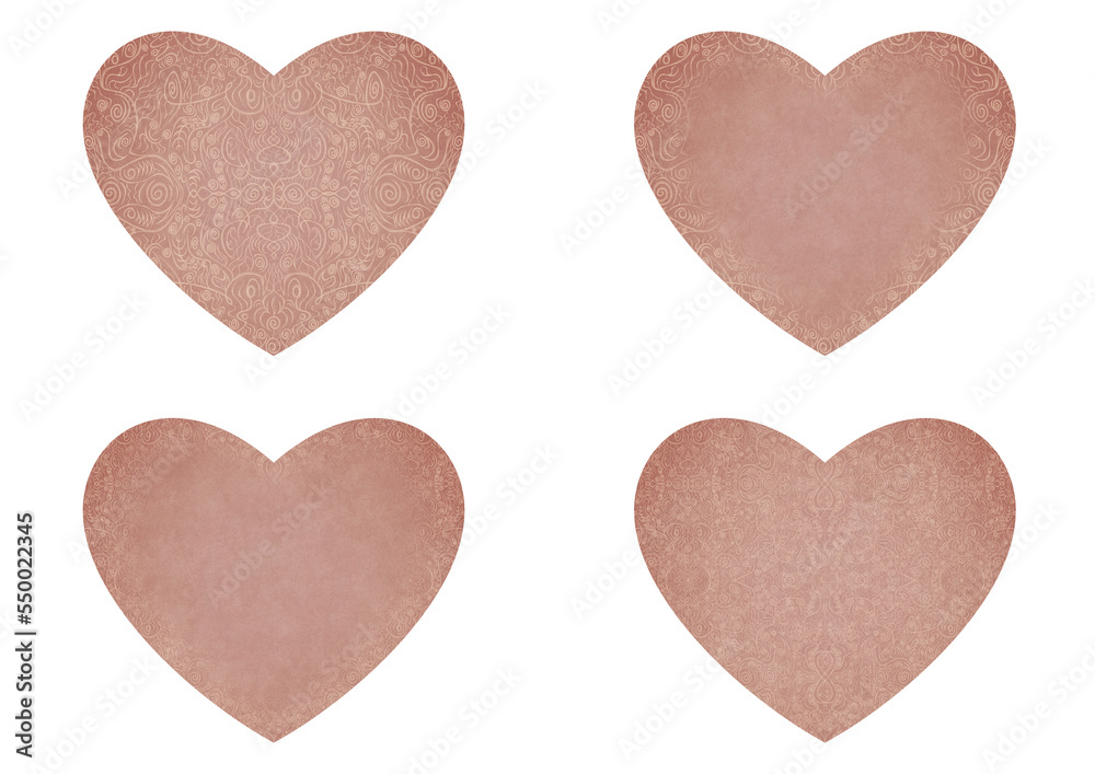 Set of 4 heart shaped valentine's cards. 2 with pattern, 2 with copy space. Pale pink background and light beige pattern on it. Cloth texture. Hearts size about 8x7 inch / 21x18 cm (p06ab)