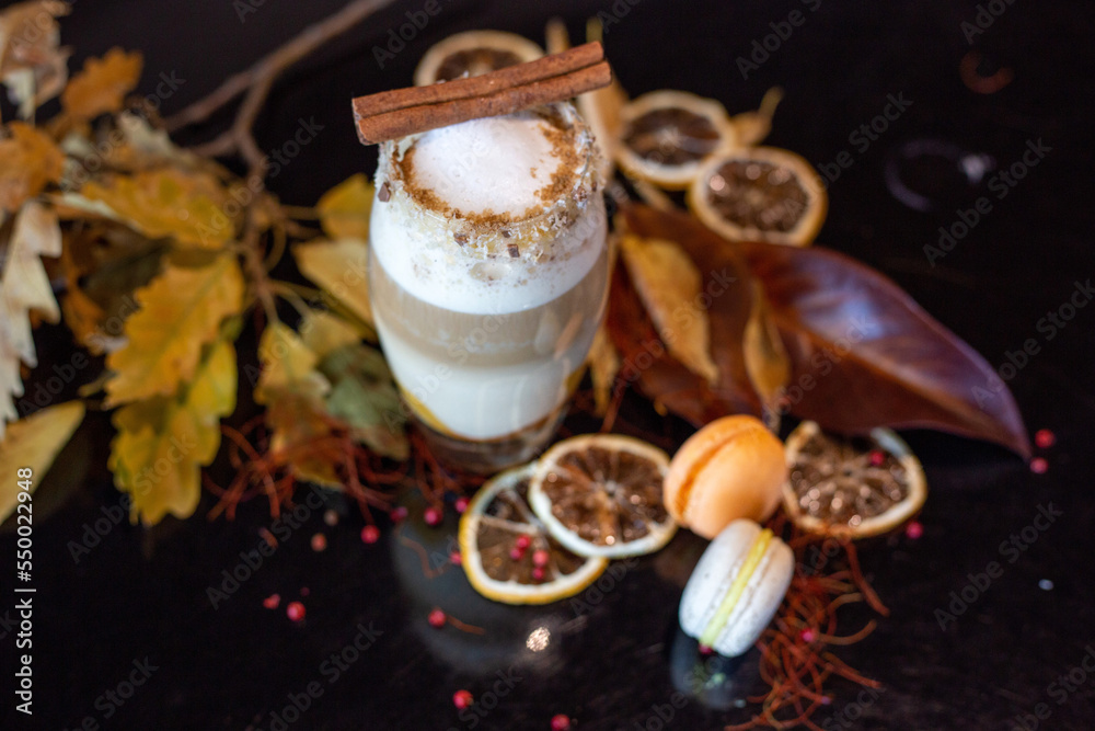 Latte with themed winter Christmas decoration Latte with themed winter Christmas decoration