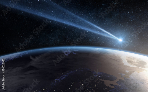 Comet, asteroid, meteorite flying to the planet Earth. Glowing asteroid and tail of a falling comet threatening the safety of the Earth. Elements of this image furnished by NASA.