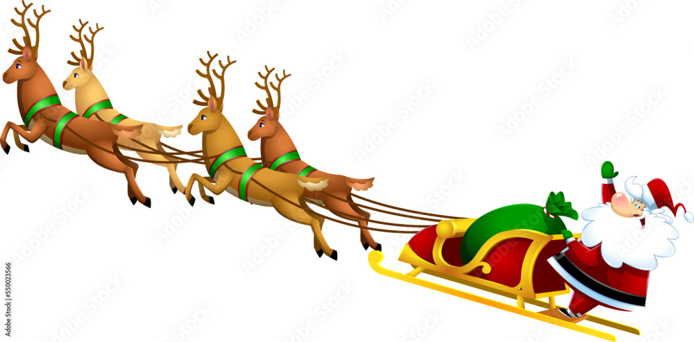 Santa Claus Cartoon Character A Reindeers Flying In A Sleigh. Vector ...