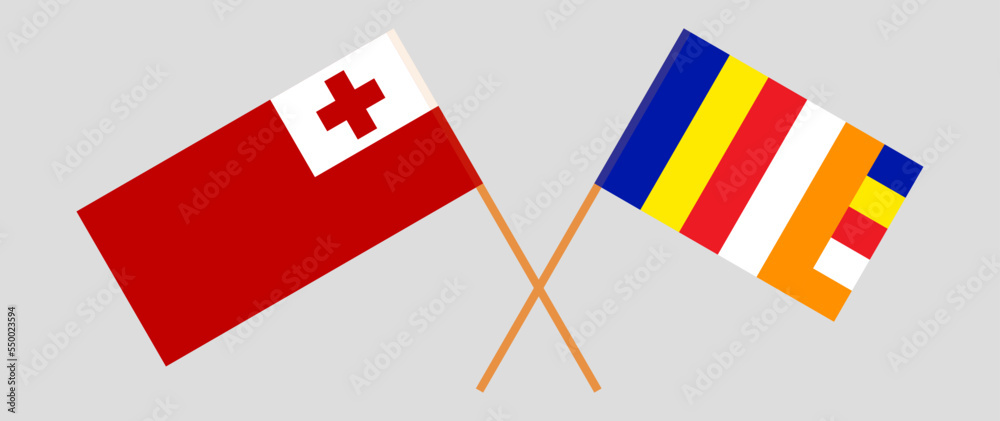 Crossed flags of Tonga and Buddhism. Official colors. Correct proportion