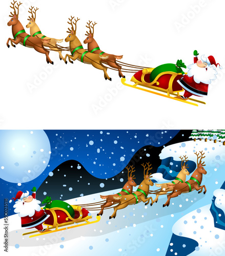 Happy Santa Claus Cartoon Character A Reindeers Flying In A Sleigh. Vector Flat Design Collection Set Isolated On White Background