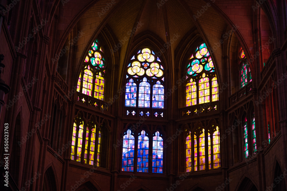 Stained glass windows in the Saint Cyr de Nevers cathedral. Burgundy, France