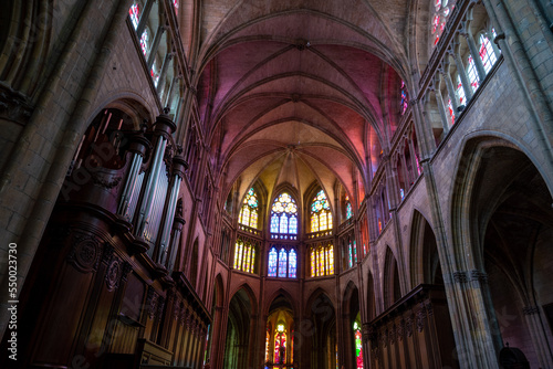 Stained glass windows in the Saint Cyr de Nevers cathedral. Burgundy, France