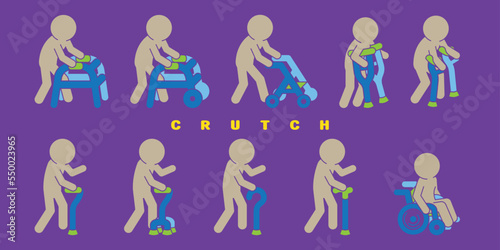 Set of assistive medical devices crutches and sticks icons or Symbols. Crutches, wheelchairs and walkers. Canes, cane with additional support, elbow crutch, telescopic crutch. Vector.