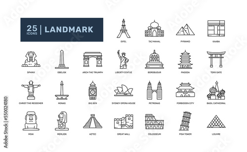 world building famous landmark for tourism travel vacation detailed thin line outline icon set. simple vector illustration