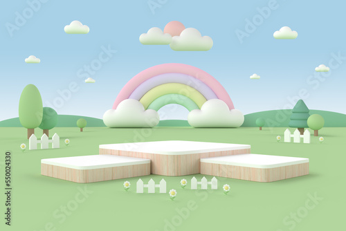 Wooden square display podiums in the garden on sunny day for baby and kid in pastel tone colors. 3D rendering.