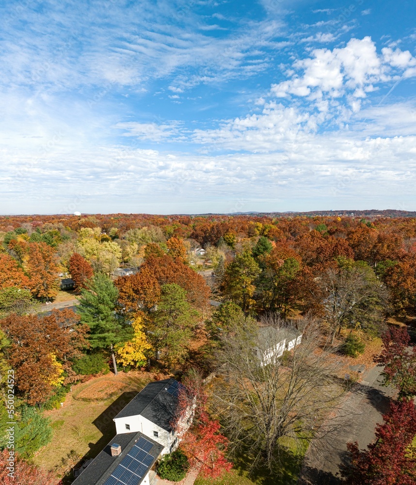 Obraz premium Cloudy blue sky over suburban foliage scene in Longmeadow Massachusetts