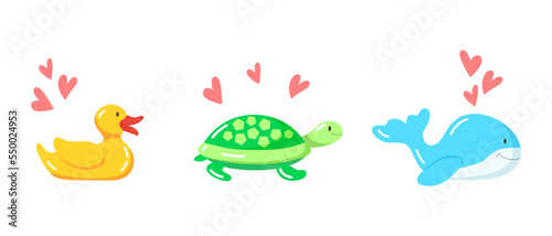 Rubber bath toys isolated on white background. Cute cartoon animals collection: duck, tortoise, whale, hearts. Vector illustration in flat style.