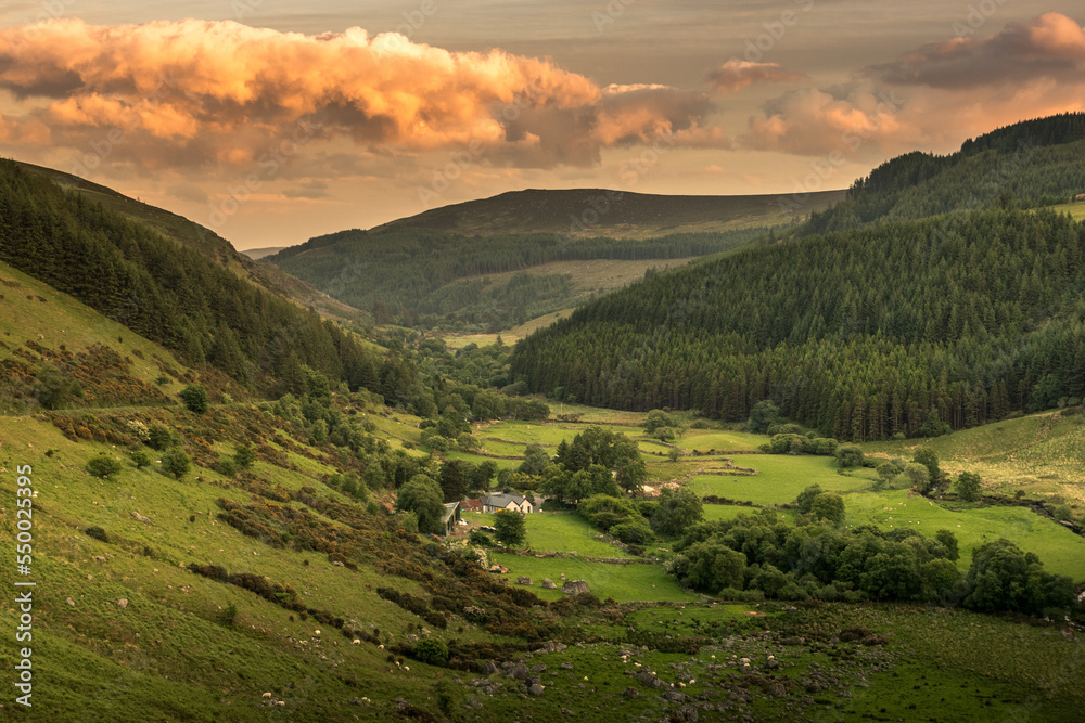 Glenmacnass Valley on Wiclow Mountains Ireland, awesome landscape seen at sunset Glenmacnass Valley on Wiclow Mountains Ireland, awesome landscape seen at sunset