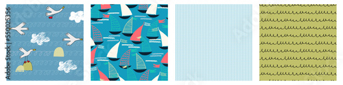 Seamless patterns set with hand drawn sailing boats, anchors, fishhooks, safety rings for surface design and other design projects. Sailing and fishing concept