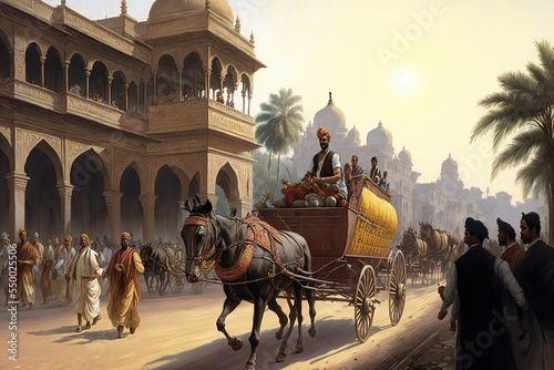 AI generated image of a street in front of a palace in ancient India. Horse-drawn carriage passing by. 