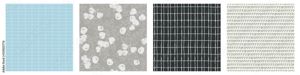 Seamless geometric patterns set with hand drawn uneven ring, checkered, striped, lines for surface design, craft, apparel and other design projects Seamless geometric patterns set with hand drawn uneven ring, checkered, striped, lines for surface design, craft, apparel and other design projects