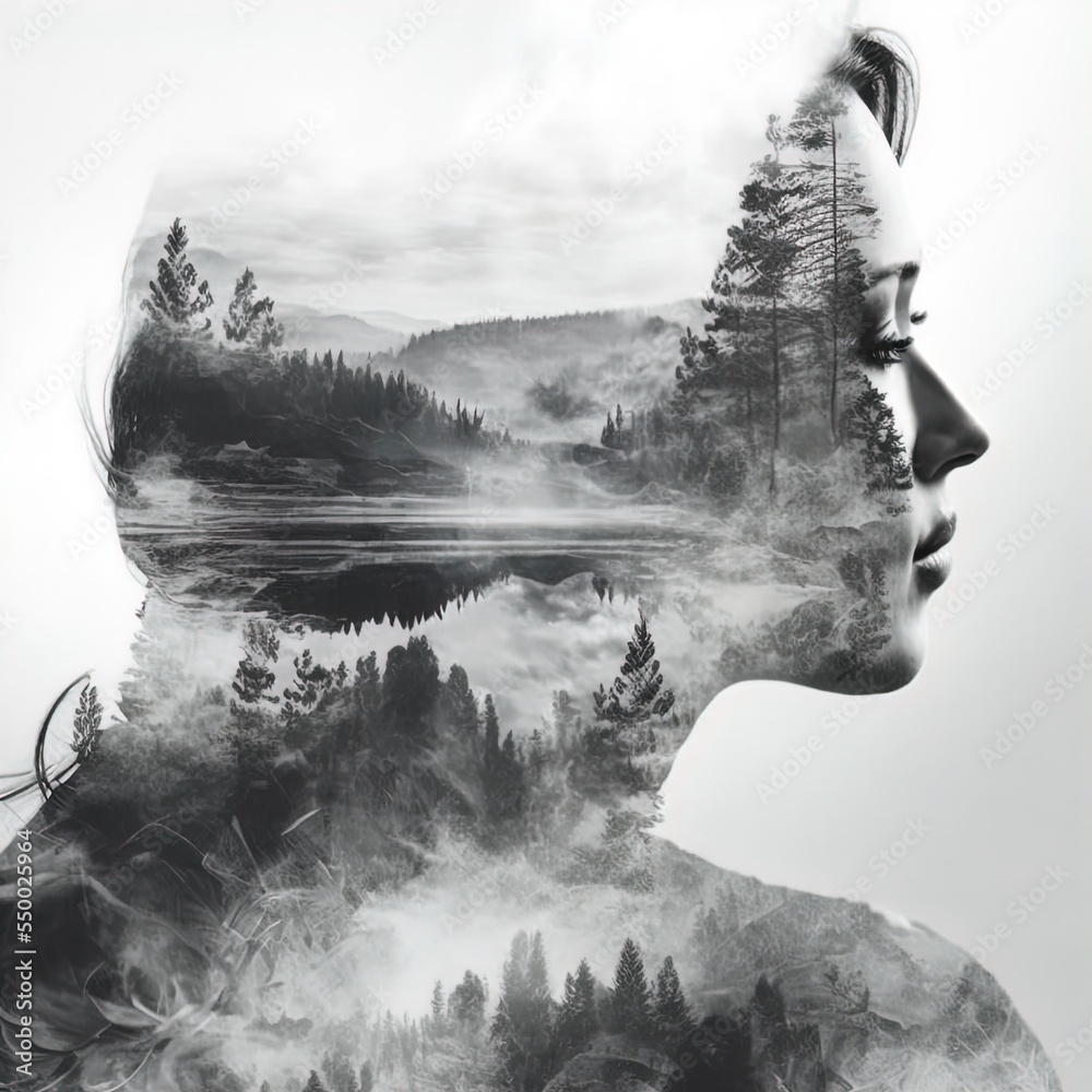 Double exposure image of woman and landscape. AI Generated Illustration ...