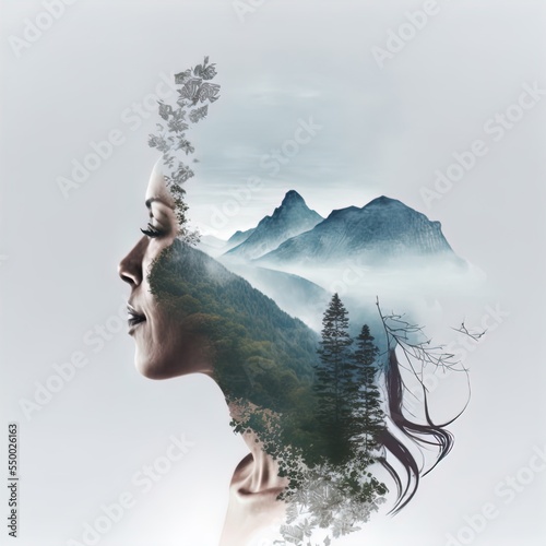 Double exposure image of woman and landscape. AI Generated Illustration.	