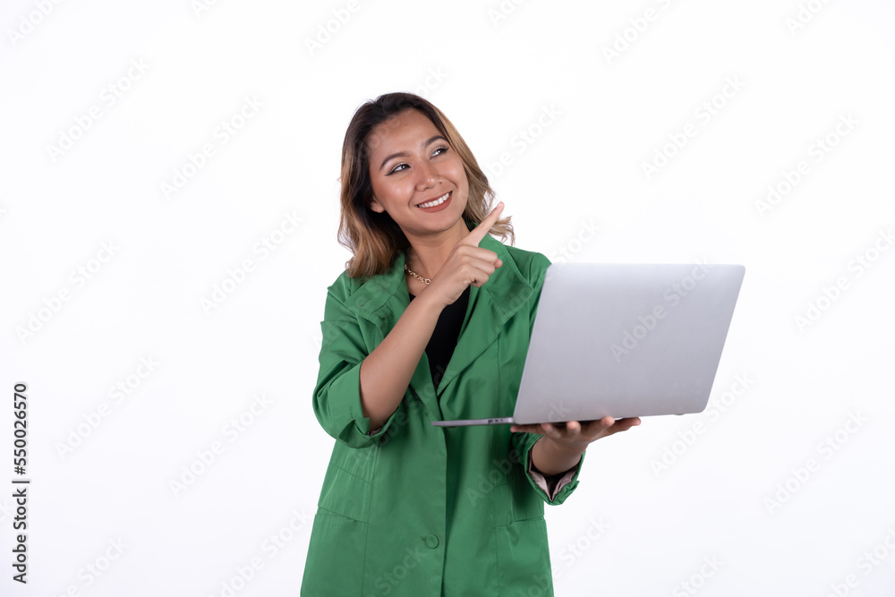 Business asian woman is holding laptop computer on white Studio background. Business asian woman is holding laptop computer on white Studio background.