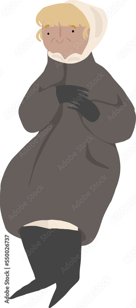 Elderly woman in winter clothes outdoor. Stylish European old, senior people. Cute hand drawn Winter holiday people illustration in flat cartoon style. Isolated on transparent background Elderly woman in winter clothes outdoor. Stylish European old, senior people. Cute hand drawn Winter holiday people illustration in flat cartoon style. Isolated on transparent background