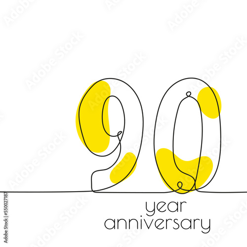 90 year anniversary. Vector illustration 90th hand drawn with continuous line.