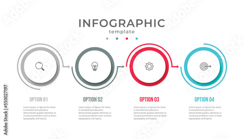 Business infographic thin line process with circle template design with icons and 4 options or steps.