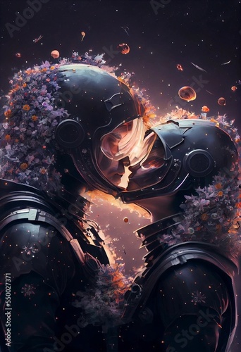 Astronaut’s couples kisses in a dark black cosmos night © Alvardo