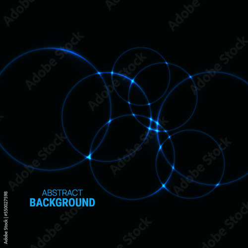Blue glowing overlapping circle on black background. Glittering texture. Vector illustration with sparks in motion. Futuristic techno design.