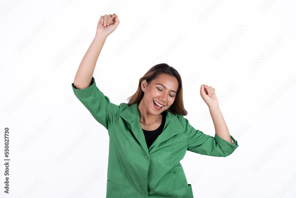 Excited young asian woman with raised hand celebrating success Portrait cheerful positive asian female with raised hands and fists open mouth Girl get happy enjoy life Light white background. Excited young asian woman with raised hand celebrating success Portrait cheerful positive asian female with raised hands and fists open mouth Girl get happy enjoy life Light white background.