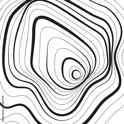 Distorted wave monochrome texture. Abstract dynamical rippled surface. Vector stripe deformation background. Mesh, grid pattern of lines. Black and white illustration.
