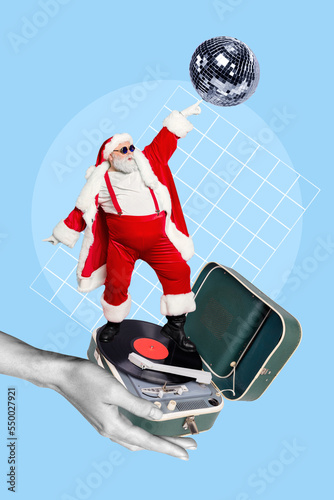 Christmas brochure collage of funny santa claus dancing retro new year gramophone floor holding disco ball