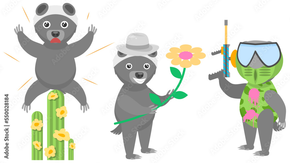 Set Abstract Collection Flat Cartoon Different Animal Honey Badgers Sat On A Catus And Screams, With Flower And Hat, Playing Paintball Vector Design Style Elements Fauna Wildlife