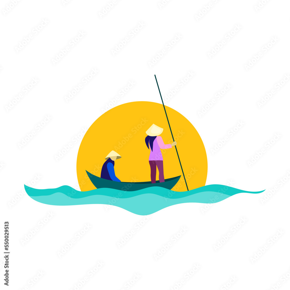 Symbol of Vietnam vector illustration. ASEAN country, fishermen in national straw hats on a wooden boat isolated on white background. Traveling, culture concept