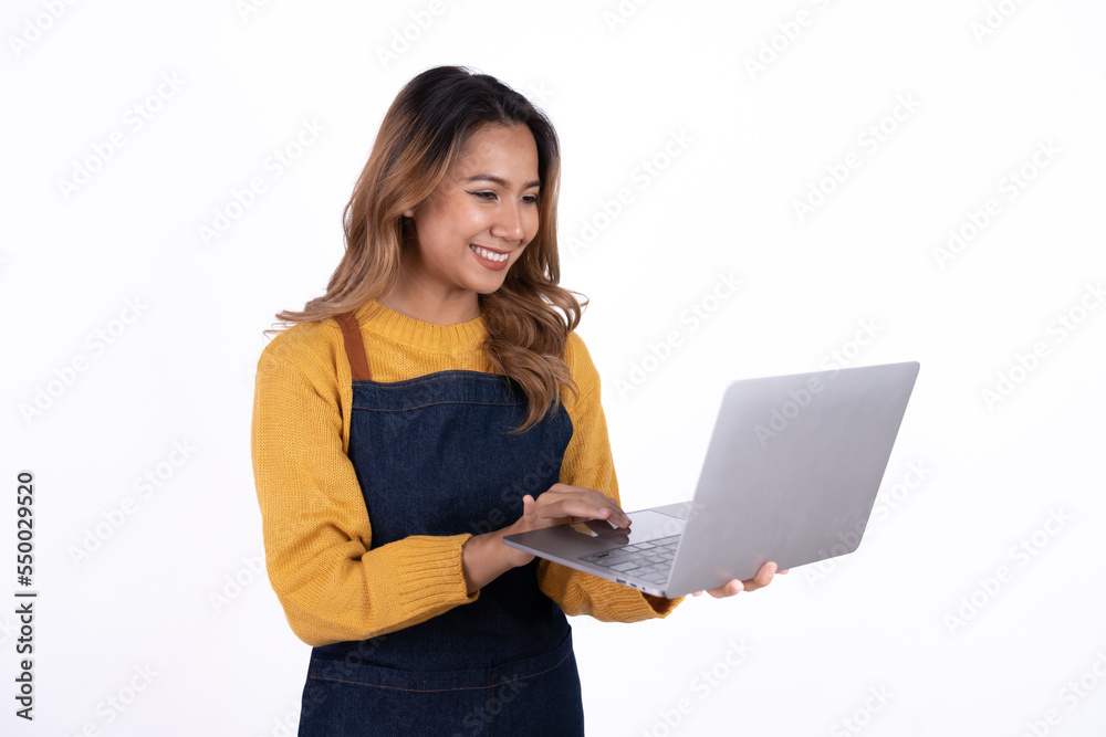 Asian woman entrepreneur or shop owner holding a laptop computer with an excited face. isolate on a white background. Asian woman entrepreneur or shop owner holding a laptop computer with an excited face. isolate on a white background.