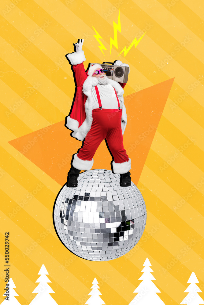 Collage photo poster invitation party discotheque from cool saint nicholas with retro boombox music discoball isolated on yellow background - obrazy, fototapety, plakaty 