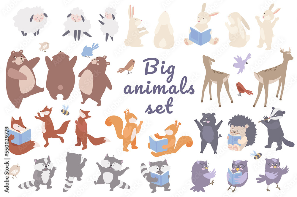 Big animals set concept isolated on background. Bundle of cute pets. Sheep, rabbits, bears, deer, foxes, squirrels, raccoons, owls, boar, hedgehog, badger. Illustration in flat cartoon design