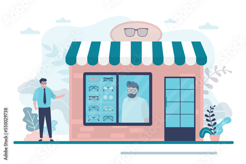 The facade of the optics store with set of sunglasses, accessory. Shop selling various glasses. Client buying eye glasses or sunglasses. Retail, shop storefront.