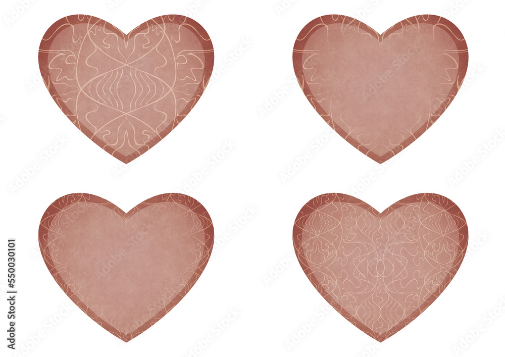 Set of 4 heart shaped valentine's cards. 2 with pattern, 2 with copy space. Pale pink background and light beige pattern on it. Cloth texture. Hearts size about 8x7 inch / 21x18 cm (p02-1ab)