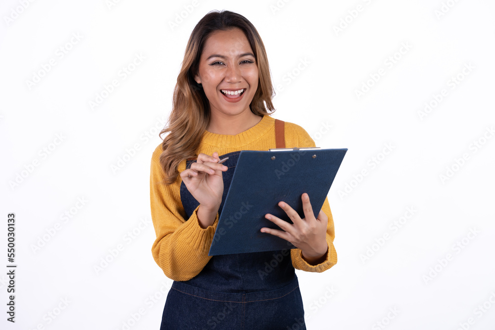 Asian woman entrepreneur or shop owner holding a clipboard with an excited face. isolate on a white background. Asian woman entrepreneur or shop owner holding a clipboard with an excited face. isolate on a white background.