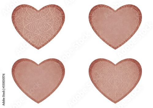 Set of 4 heart shaped valentine's cards. 2 with pattern, 2 with copy space. Pale pink background and light beige pattern on it. Cloth texture. Hearts size about 8x7 inch / 21x18 cm (p02-2ab)