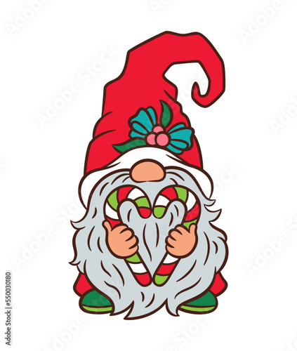 Cute Christmas gnome with candy cane. Fun nordic dwarf holding candy canes like heart shape. Cartoon character Scandinavian elf. Little Swedish gnome Tomte doodle. Traditional red green Xmas colors.