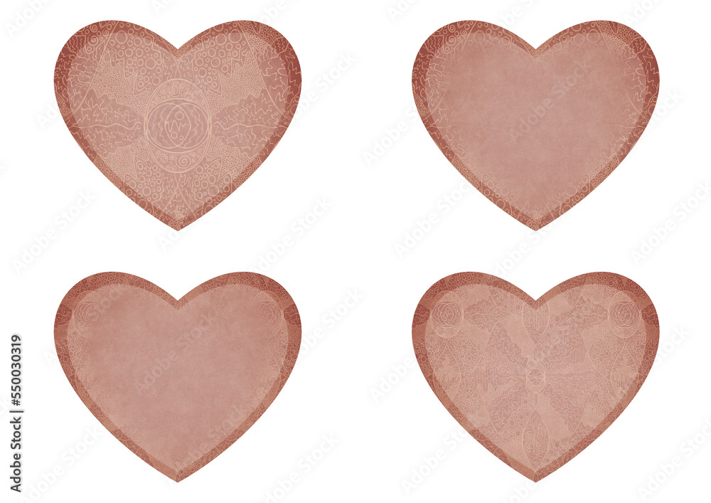 Set of 4 heart shaped valentine's cards. 2 with pattern, 2 with copy space. Pale pink background and light beige pattern on it. Cloth texture. Hearts size about 8x7 inch / 21x18 cm (p05ab)