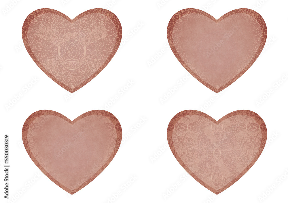 Set of 4 heart shaped valentine's cards. 2 with pattern, 2 with copy space. Pale pink background and light beige pattern on it. Cloth texture. Hearts size about 8x7 inch / 21x18 cm (p05ab) Set of 4 heart shaped valentine's cards. 2 with pattern, 2 with copy space. Pale pink background and light beige pattern on it. Cloth texture. Hearts size about 8x7 inch / 21x18 cm (p05ab)