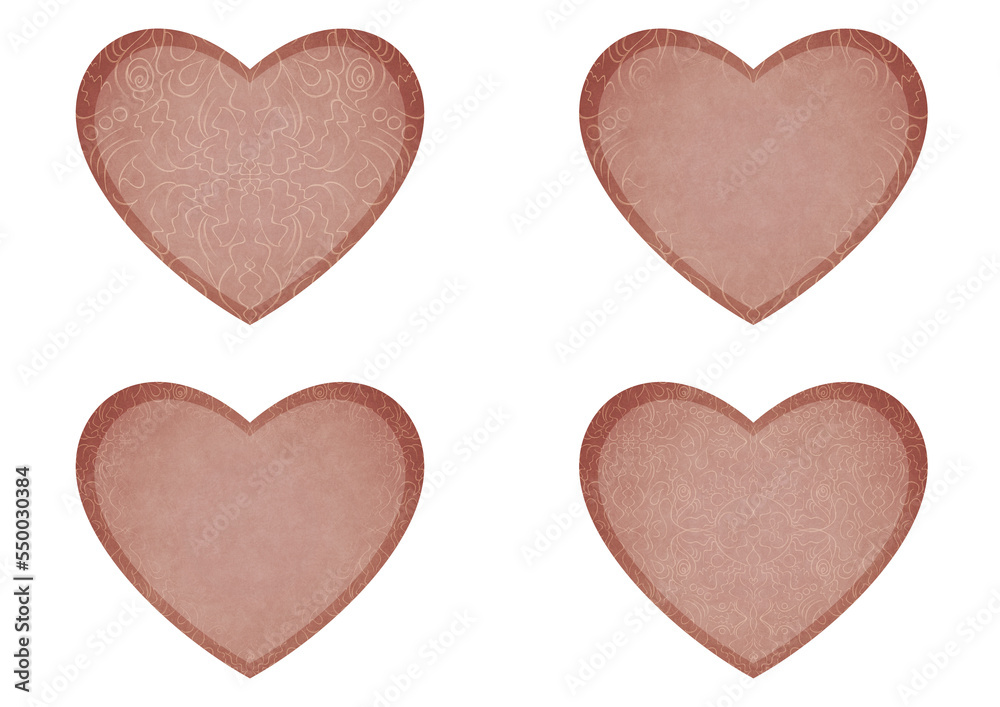 Set of 4 heart shaped valentine's cards. 2 with pattern, 2 with copy space. Pale pink background and light beige pattern on it. Cloth texture. Hearts size about 8x7 inch / 21x18 cm (p07-1ab)