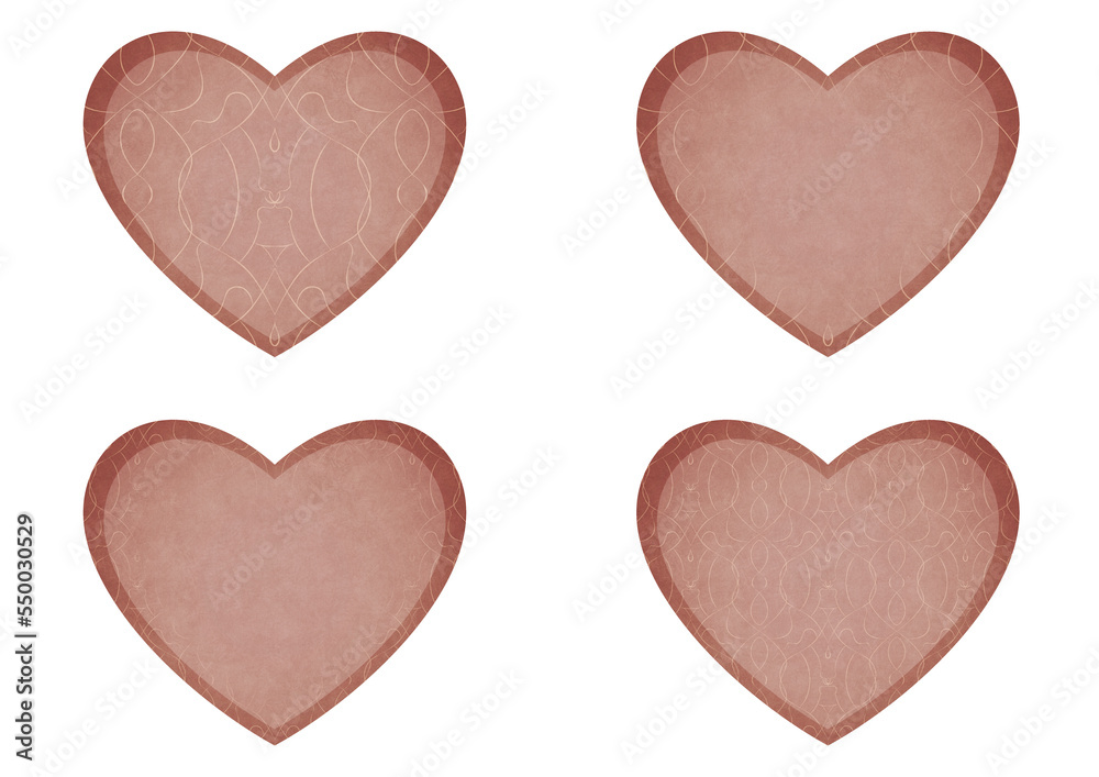 Set of 4 heart shaped valentine's cards. 2 with pattern, 2 with copy space. Pale pink background and light beige pattern on it. Cloth texture. Hearts size about 8x7 inch / 21x18 cm (p08-1bc) Set of 4 heart shaped valentine's cards. 2 with pattern, 2 with copy space. Pale pink background and light beige pattern on it. Cloth texture. Hearts size about 8x7 inch / 21x18 cm (p08-1bc)